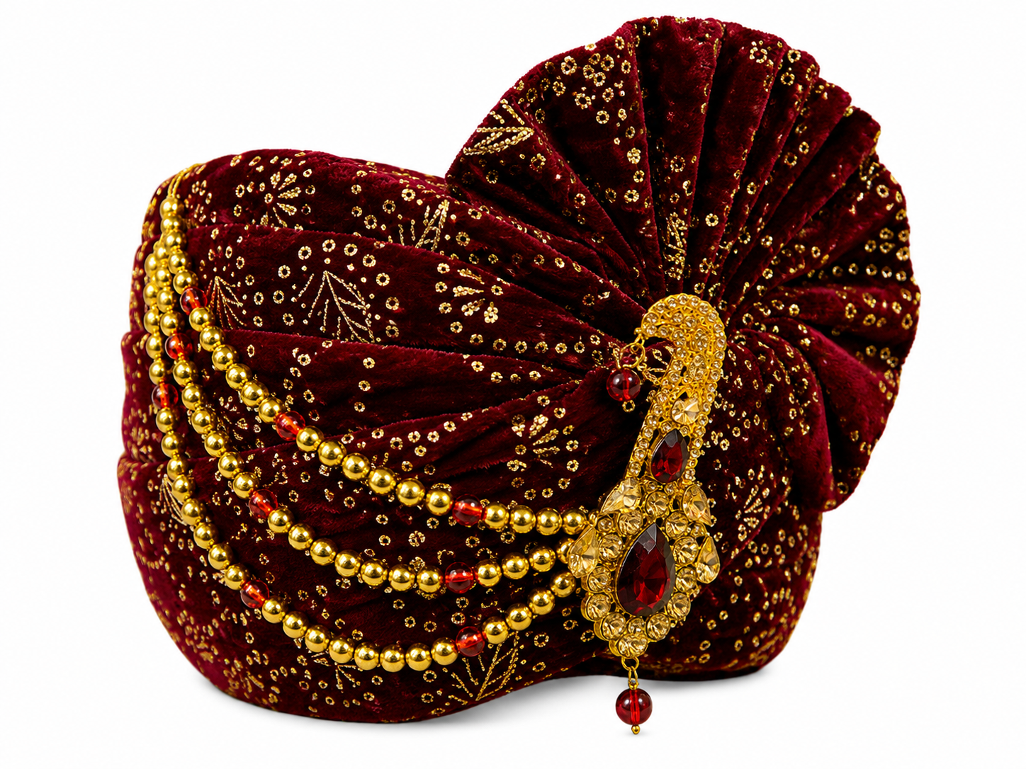 Royal red groom safa front view with kalgi and pearl chain